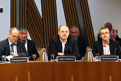Mark Thompson, Director-General of the BBC, Ken MacQuarrie, Director, BBC Scotland and Bruce Malcolm, Chief Operating Officer, BBC Scotland, at the Scottish Parliament’s Education and Culture Committee evidence session on broadcasting. 